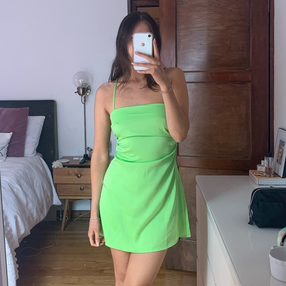 Lace Up Back Satin Cami Dress Lime Green size 6 - Picture 1 of 7